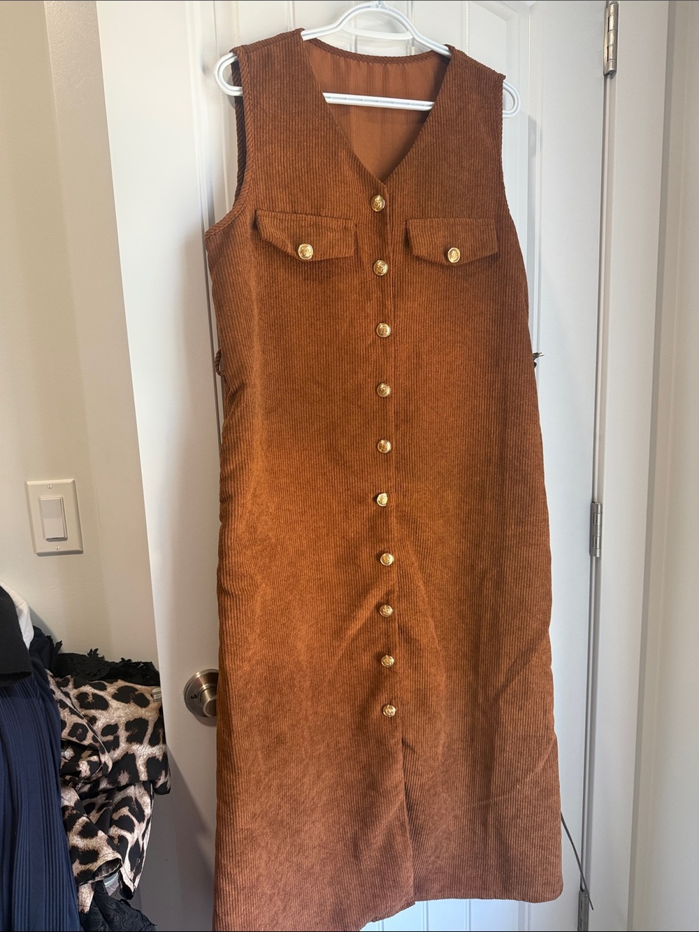 SHEIN Rust Corduroy Button-Front Midi Dress